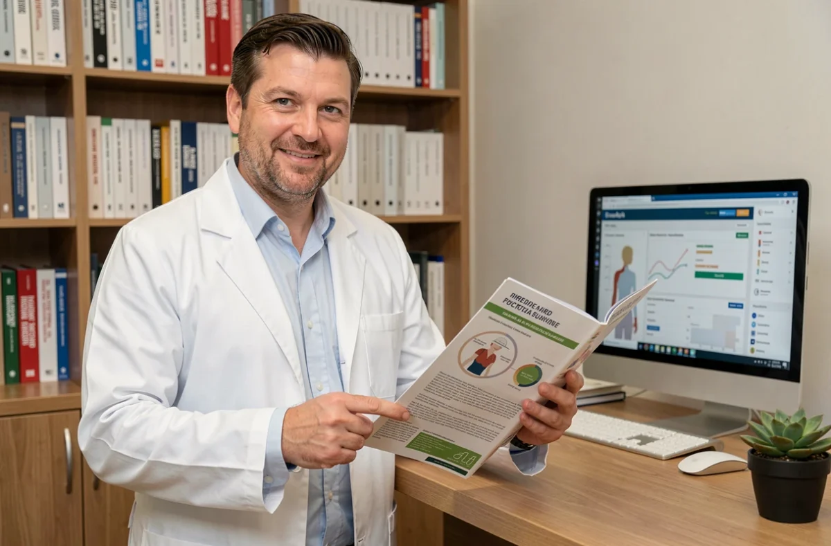 Médecin professionnel présentant des ressources de santé dans un cabinet médical moderne, symbolisant l'accès à l'information médicale fiable