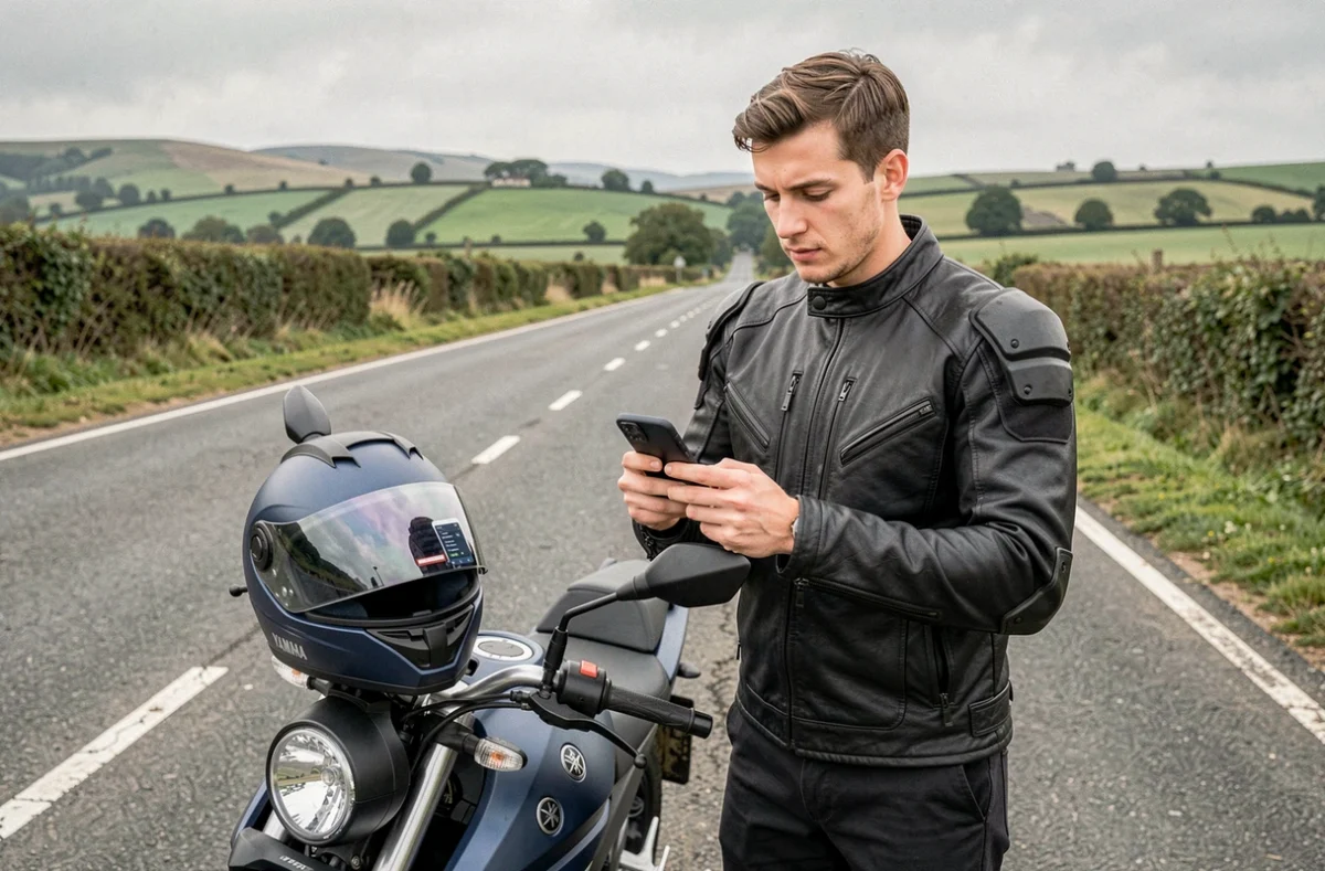 Motard vérifiant les performances de sa MT-125 débrité sur une route de campagne