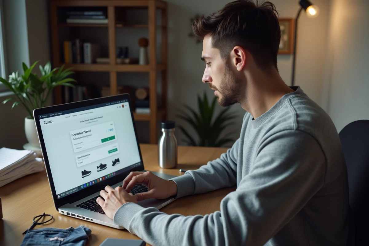 Homme consultant les options de paiement en plusieurs fois sur Zalando depuis un ordinateur portable à domicile
