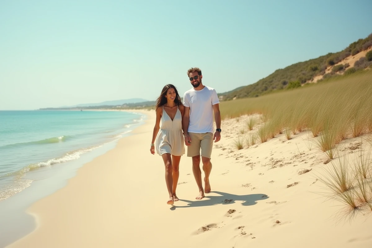 Plage sauvage de l'Espiguette au Grau-du-Roi avec grandes dunes naturelles, sable vierge et couple se promenant au bord de l'eau