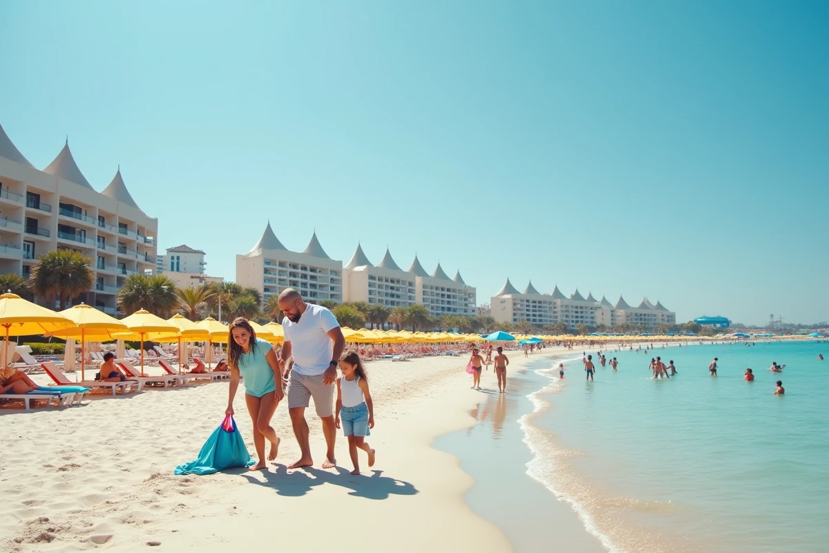Plage aménagée de La Grande-Motte avec parasols colorés, architecture pyramidale caractéristique et familles profitant du bord de mer
