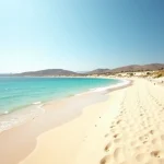 Vue panoramique d'une plage méditerranéenne ensoleillée proche de Nîmes avec sable fin, eau turquoise et dunes en arrière-plan
