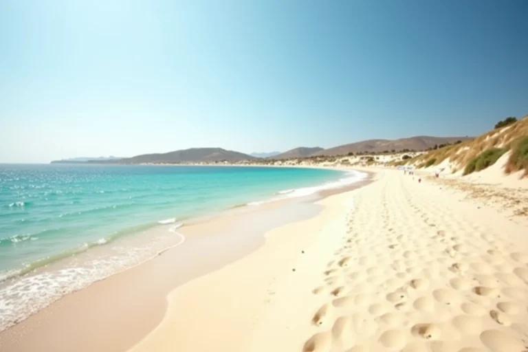 Vue panoramique d'une plage méditerranéenne ensoleillée proche de Nîmes avec sable fin, eau turquoise et dunes en arrière-plan