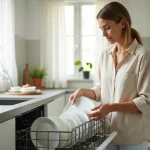 Femme chargeant de la vaisselle en porcelaine blanche dans un lave-vaisselle ouvert dans une cuisine moderne