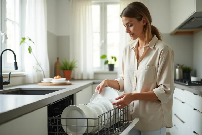 Femme chargeant de la vaisselle en porcelaine blanche dans un lave-vaisselle ouvert dans une cuisine moderne
