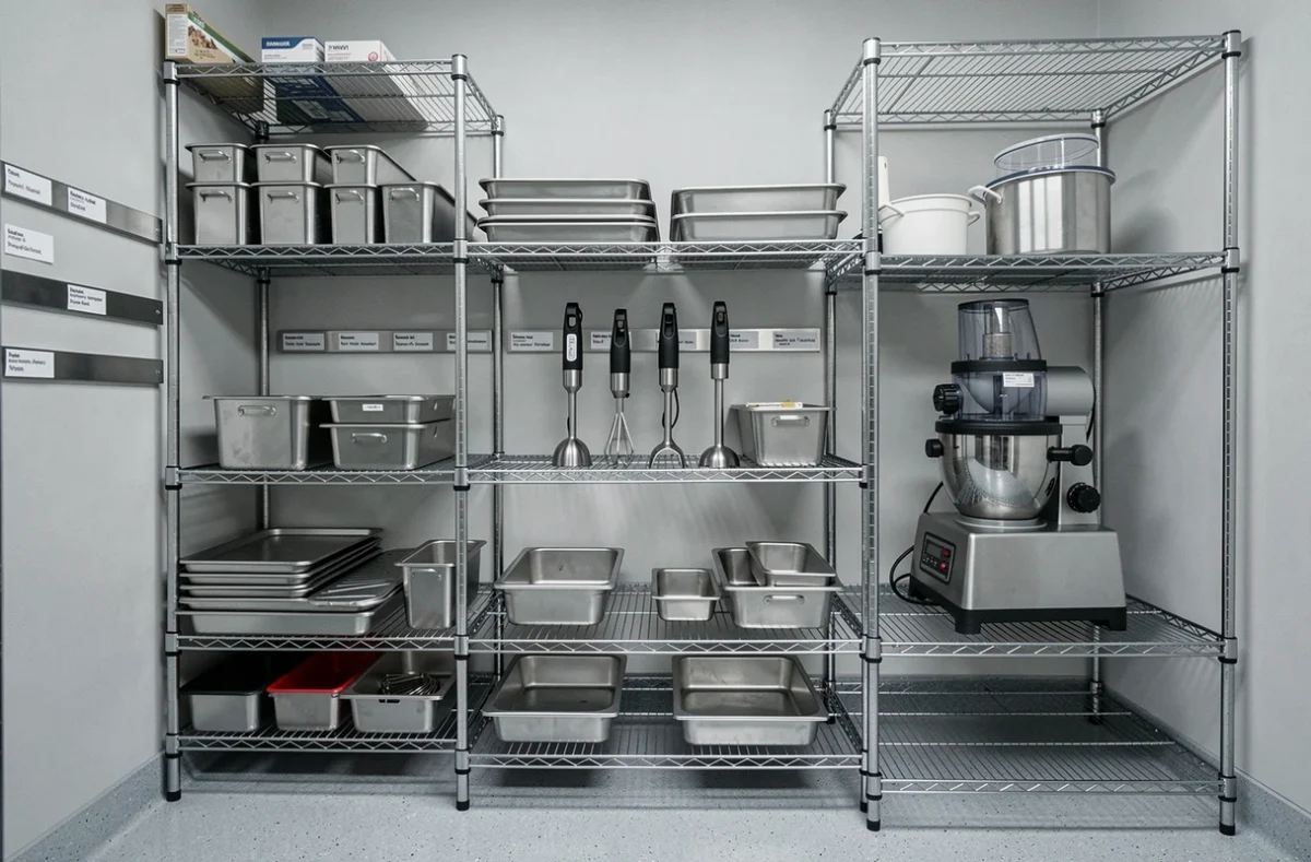 Zone de rangement d'une cuisine professionnelle avec étagères métalliques, robots culinaires, couteaux magnétiques et matériel de traiteur organisé
