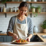 Femme préparant une assiette de légumes rôtis colorés dans une cuisine moderne avec des étagères en bois et un plan de travail en bois massif