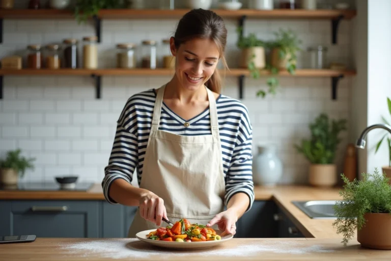 Femme préparant une assiette de légumes rôtis colorés dans une cuisine moderne avec des étagères en bois et un plan de travail en bois massif