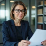 Responsable RH relisant une note de service rappelant le règlement intérieur dans un bureau d'entreprise moderne