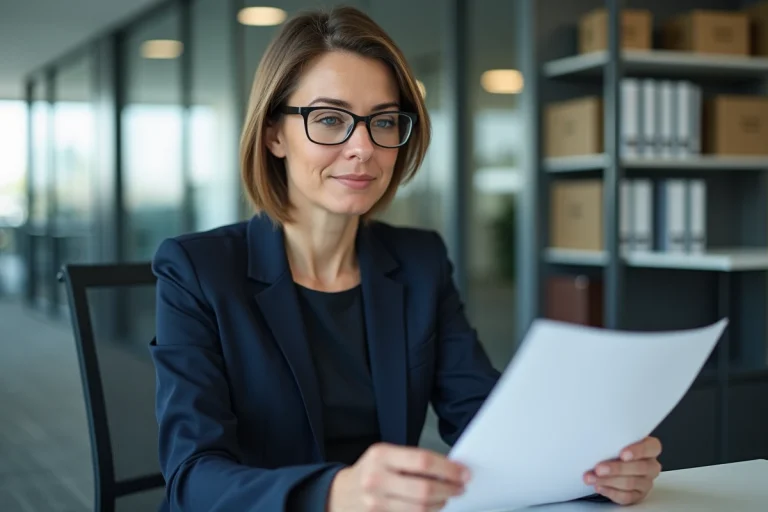 Responsable RH relisant une note de service rappelant le règlement intérieur dans un bureau d'entreprise moderne