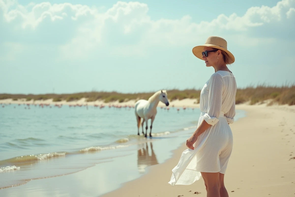Plage des Saintes-Maries-de-la-Mer en Camargue avec chevaux blancs au bord de l'eau, flamants roses et paysage sauvage typique