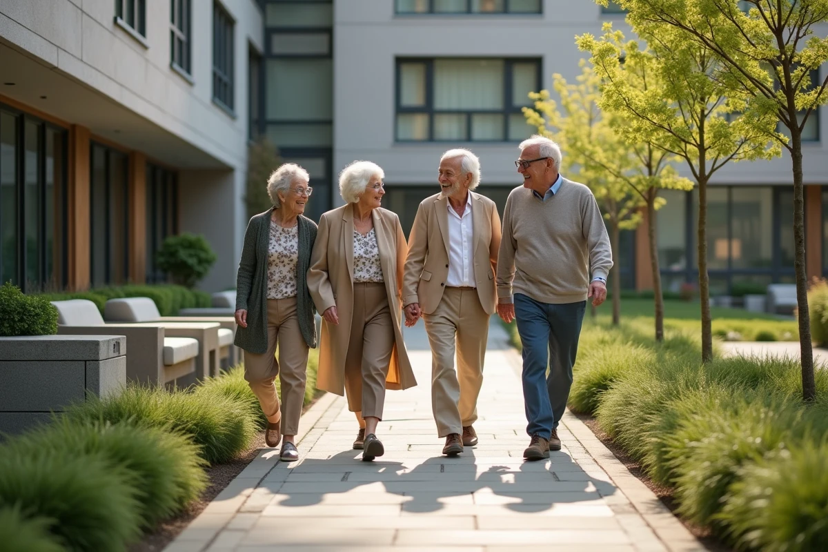 Seniors marchant dans la cour d une résidence senior
