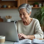 Femme senior souriante utilisant un ordinateur dans la cuisine