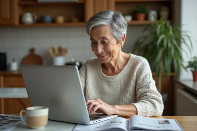 Femme senior souriante utilisant un ordinateur dans la cuisine