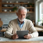 Senior actif lisant la presse sur une tablette dans la cuisine