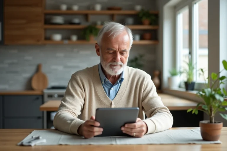 Senior actif lisant la presse sur une tablette dans la cuisine