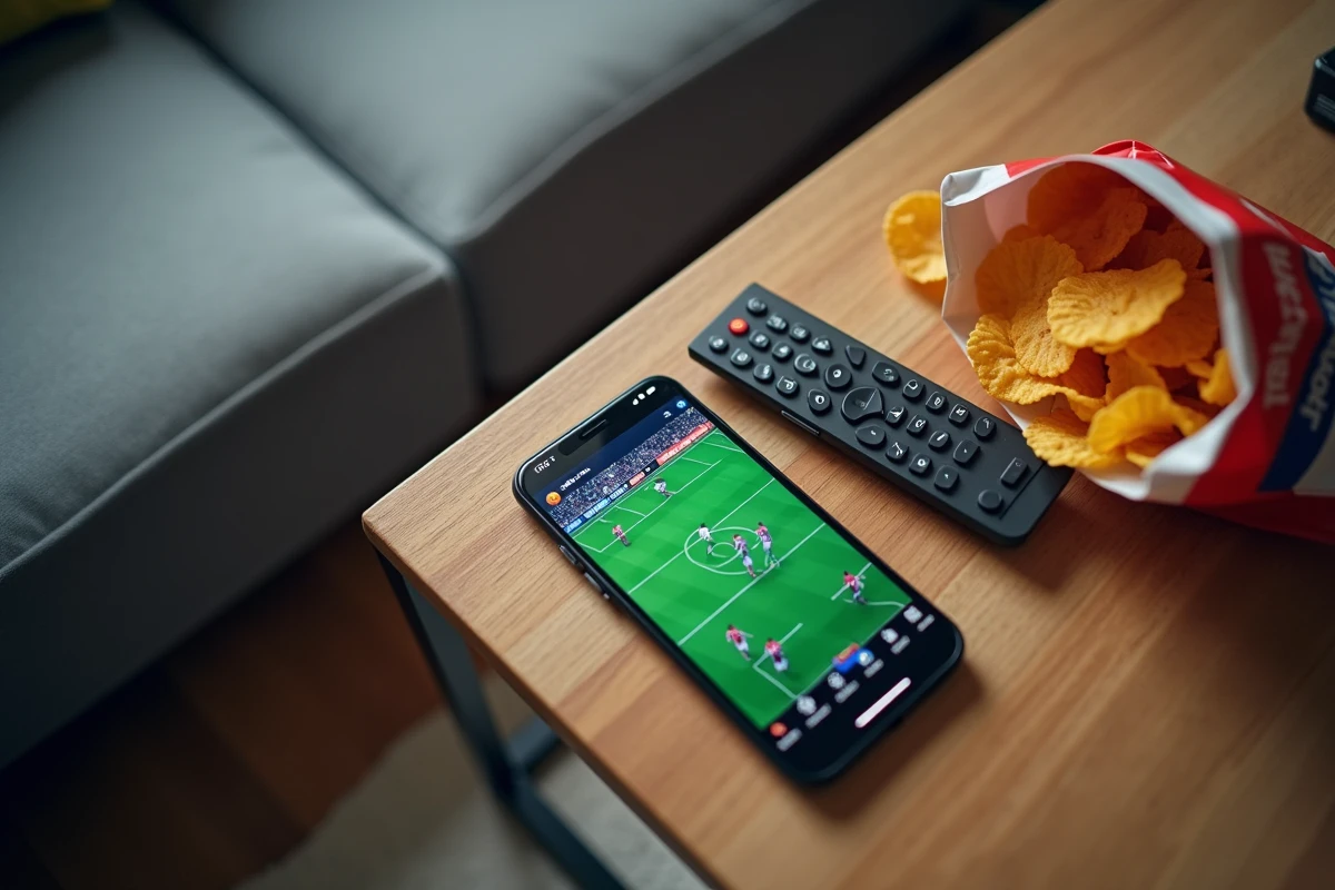 Écran de smartphone affichant un site de streaming sportif étranger non autorisé posé sur une table de salon