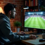 Homme regardant un match de football en streaming sur un site illégal depuis son bureau à domicile
