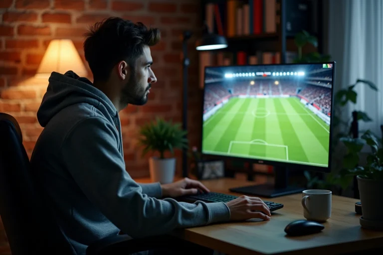 Homme regardant un match de football en streaming sur un site illégal depuis son bureau à domicile