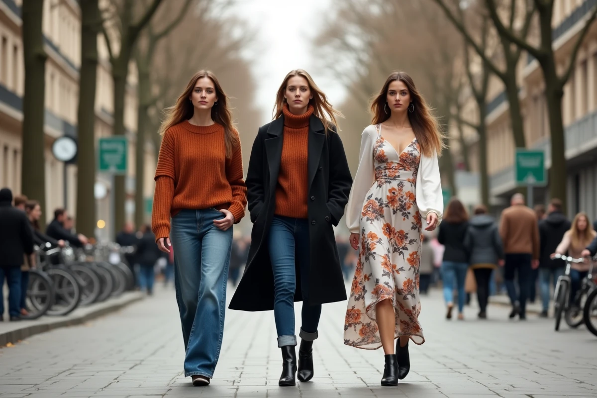 Trois femmes aux styles de mode variés marchant avec assurance sur un boulevard parisien animé lors d'une séance de street style