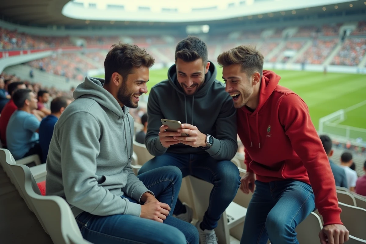 Groupe de supporters algériens consultant les résultats sportifs sur smartphone dans les tribunes d'un stade