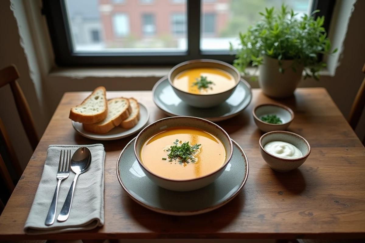 Vue de dessus d'une table en bois avec des bols de soupe maison, du pain croustillant et des herbes fraîches dans un appartement cosy