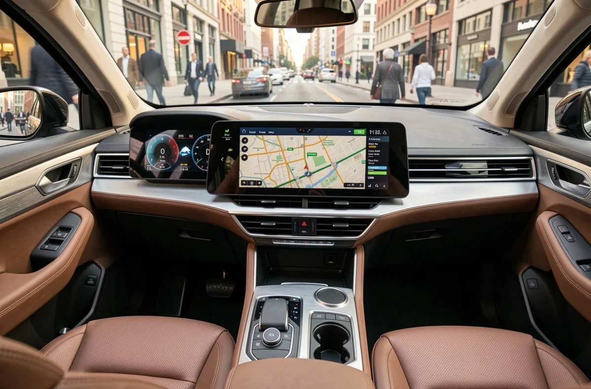 Tableau de bord numérique et interface tactile d'un SUV autonome 2024 avec intérieur premium et navigation intelligente