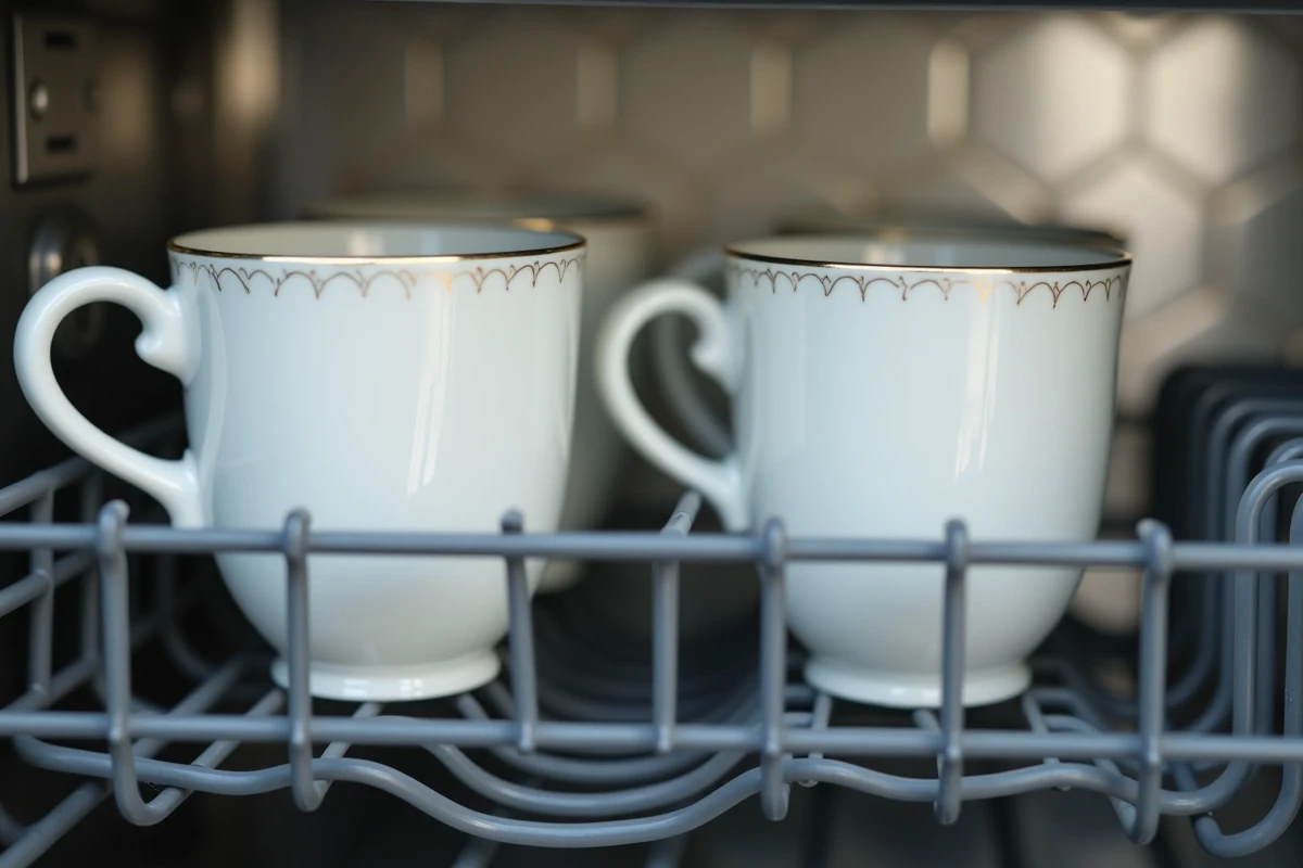 Tasses en porcelaine avec liseré doré sur le panier supérieur du lave-vaisselle montrant des fissures après lavage