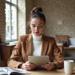 Jeune femme élégante consultant des tendances mode sur une tablette dans un studio parisien avec des magazines de mode et des échantillons de tissu