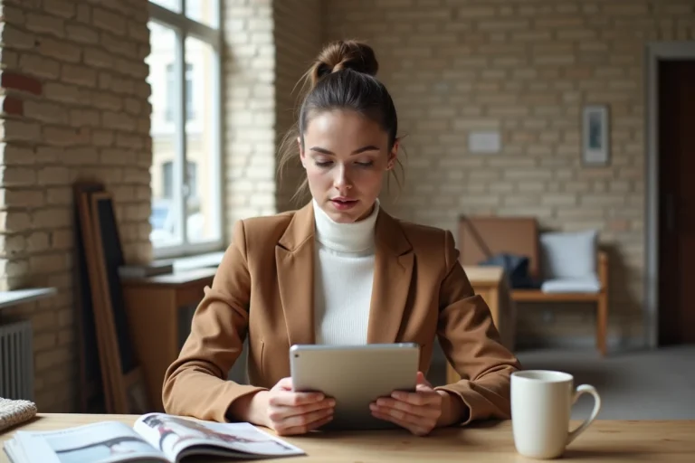 Jeune femme élégante consultant des tendances mode sur une tablette dans un studio parisien avec des magazines de mode et des échantillons de tissu