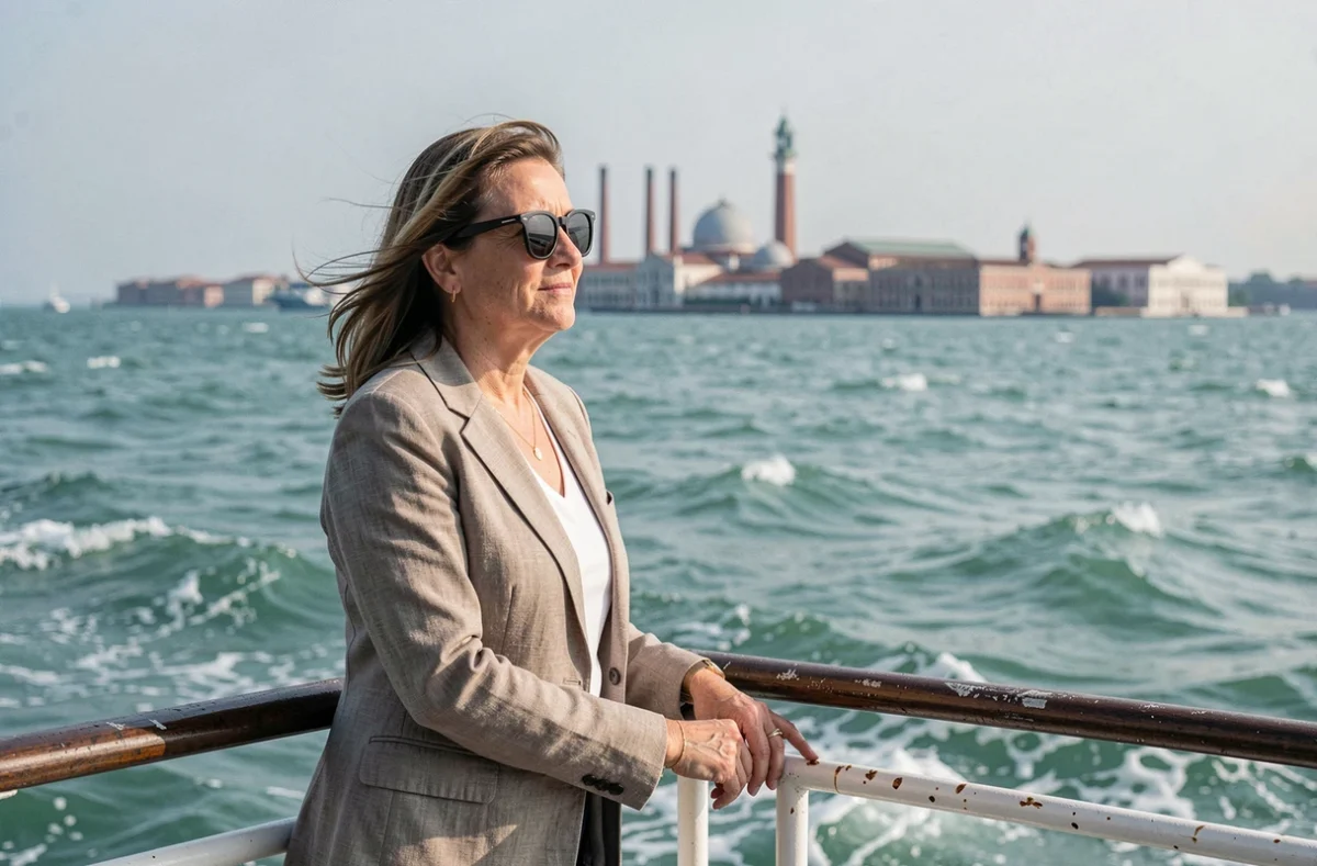 Femme sur le pont d'un ferry traversant la lagune de Venise en direction de l'île de Murano