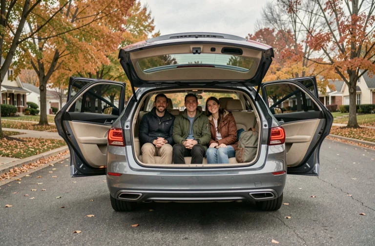 Famille installée confortablement sur les trois places arrière d'une berline familiale spacieuse, portes ouvertes sur une rue résidentielle en automne