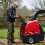 Homme utilisant un broyeur de végétaux électrique Denqbar 5100W dans un jardin en automne