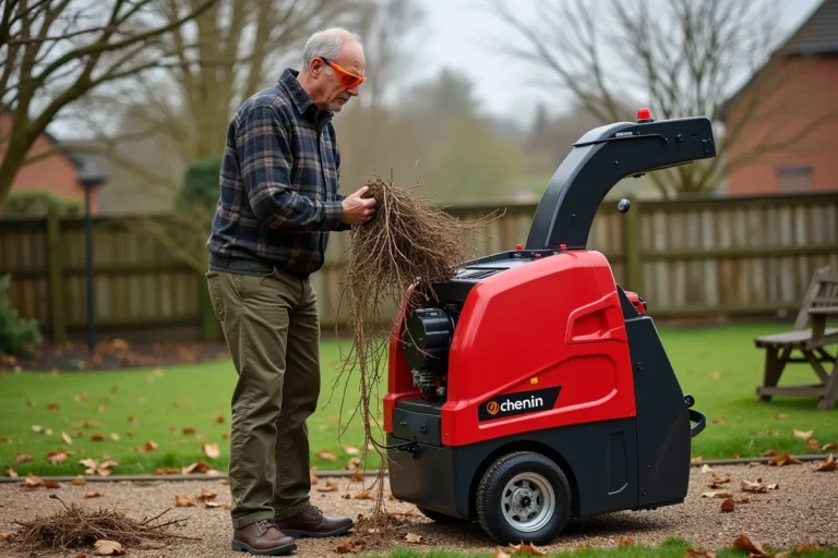 Homme utilisant un broyeur de végétaux électrique Denqbar 5100W dans un jardin en automne