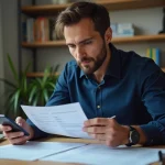 Homme vérifiant un document de carte grise à son bureau avec un smartphone pour contrôler le changement de propriétaire