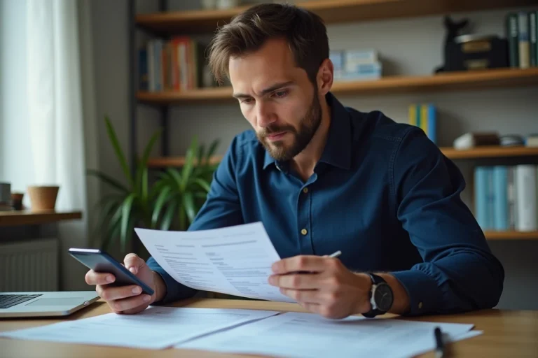 Homme vérifiant un document de carte grise à son bureau avec un smartphone pour contrôler le changement de propriétaire